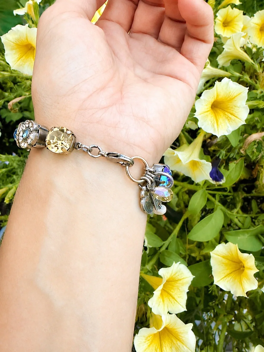 Mariana Swarovski Crystal Blue & Champagne Floral Link Bracelet Adjustable